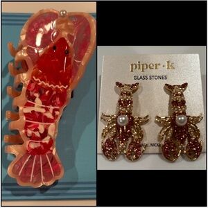 Piper K lobster hair claw with pearl / glass stone lobster earrings / NEW w/tags
